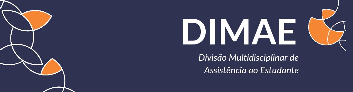 Banner azul escuro com ornamentos gráficos branco e laranja da DIMAE Divisão Multidisciplinar de Assistência ao Estudante