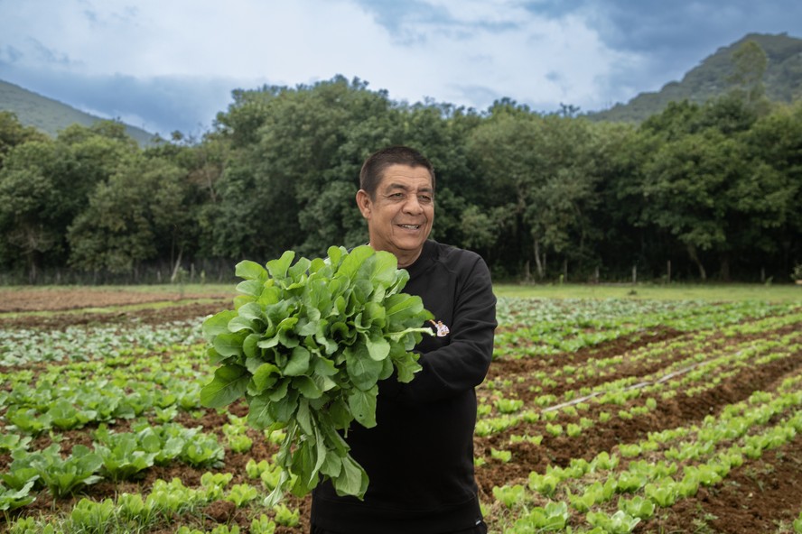 Zeca Pagodinho na Horta Xerém I, de onde hortaliças, frutas e legumes serão colhidos para alimentar comunidade — Foto: Ana Branco / O Globo